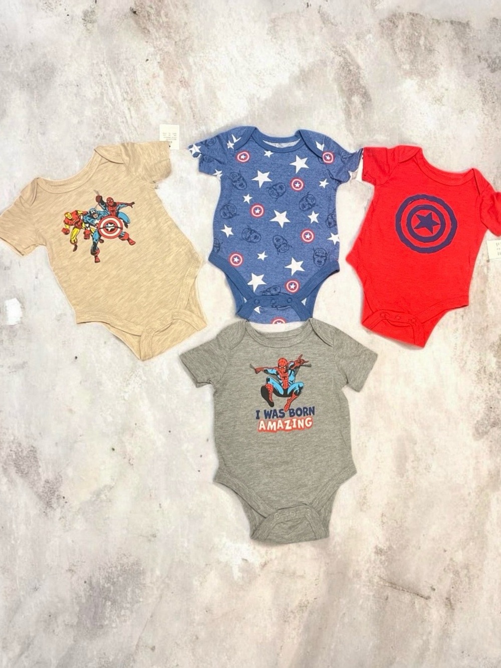 Marvel-Inspired Baby One-Piece Bodysuit Set - Red, Blue, Gray, Tan